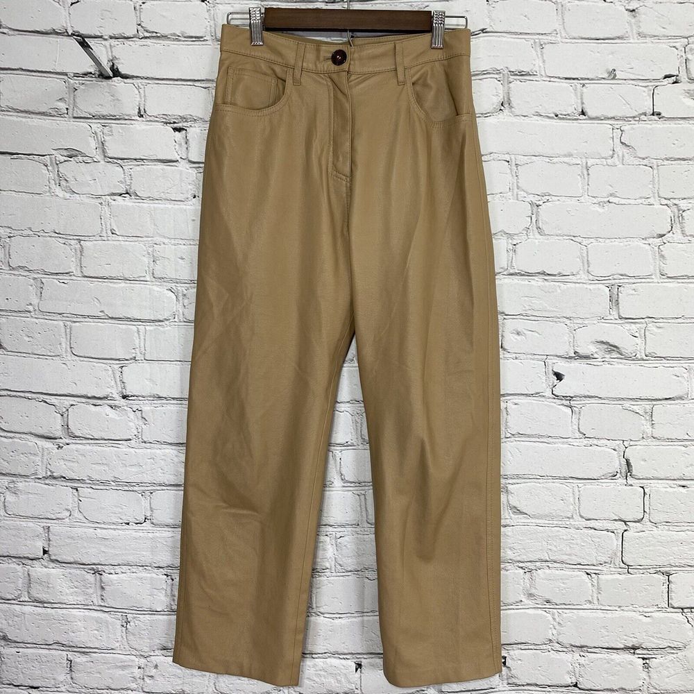 Nanushka Ivy Vegan Leather Trousers Size XS Cashew Straight Leg High Rise Crop